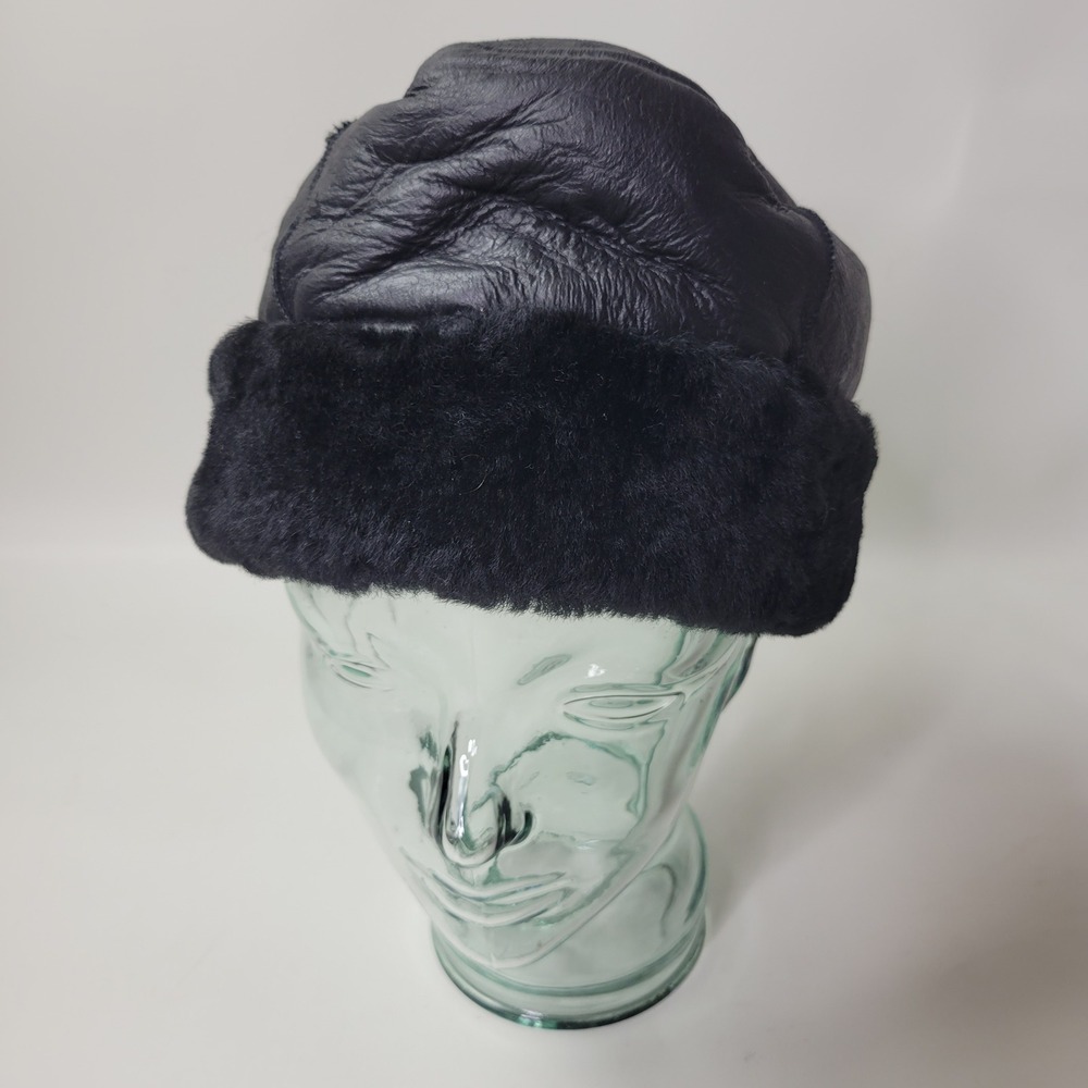 Black Sheepskin Leather Cossack Hat Shearling Trim Winter Pillbox Cap Medium